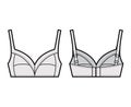 Bra soft cup lingerie technical fashion illustration with full adjustable shoulder straps, hook-and-eye closure. Flat