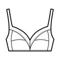 Bra soft cup lingerie technical fashion illustration with full adjustable shoulder straps, hook-and-eye closure. Flat