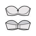 Bra strapless lingerie technical fashion illustration with molded cups, hook-and-eye closure. Flat brassiere template