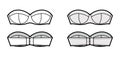 Bra strapless lingerie technical fashion illustration with molded cups, hook-and-eye closure. Flat brassiere template