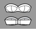 Bra strapless lingerie technical fashion illustration with molded cups, hook-and-eye closure. Flat brassiere template