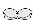 Bra strapless lingerie technical fashion illustration with molded cups, hook-and-eye closure. Flat brassiere template