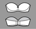 Bra strapless lingerie technical fashion illustration with molded cups, hook-and-eye closure. Flat brassiere template