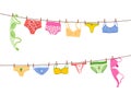 Bra underwear, lingerie and panty. Laundry hanging on rope, line colorful bras, women clothes and underclothes, doodle