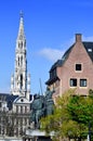 The Brabantine Gothic belfry tower of City of Brussels Town Hall, Grand Place, Belgium Royalty Free Stock Photo