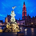 Brabo Fountain and Cathedral of Our Lady in Antwerp Royalty Free Stock Photo