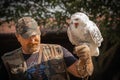 Screaming great white snowy owl on a man`s hunting glove