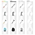 A brace, a climbing hammer, a hook, a jumper, a climber on top of a mountain. Climbing equipment set collection icons in