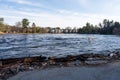 Bracebridge, Ontario/Canada - April 25 2019: Record setting spring flooding of the Muskoka River at Bracebridge Bay Park