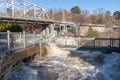 Bracebridge, Ontario/Canada - April 25 2019: Record setting spring flooding of the Muskoka River at Bracebridge Bay Park