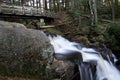 Waterfall in the autumn forest with rock, moss, maple leaf, and wood bridge Royalty Free Stock Photo