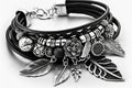bracelet made of black leather and silver charms Royalty Free Stock Photo