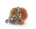 Bracelet made of natural stones on a sea shell on a white background