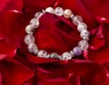 a bracelet made of semi-precious stones of different colors on the petals of red roses. Royalty Free Stock Photo