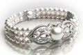 bracelet of pearls with diamonds on white background