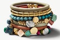 bracelet stack featuring different colors and materials on white background