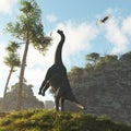 Brachiosaurus dinosaur in the valley eating and a pterodactyl flying above Royalty Free Stock Photo