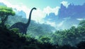 Brachiosaurus towering above a prehistoric landscape, peacefully grazing on tall vegetation