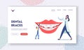 Brackets Installation for Teeth Alignment Landing Page Template. Tiny Dentist Doctors Characters Install Dental Braces