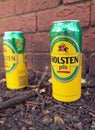 Discarded empty Holsten Pils Beer Cans by a brick wall Royalty Free Stock Photo