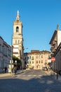 scenic view to Carmo Church tower, Igreja do Carmo. Braga, Portugal and street