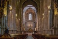 Braga, Portugal - December 28, 2017: Se de Braga Cathedral interior. Nave, main chapel and altar. Oldest Cathedral in Portugal.