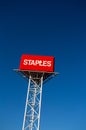 Staples Logo with a vibrant blue sky, Staples are an American office equipment sales company. Royalty Free Stock Photo