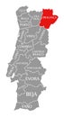 Braganca red highlighted in map of Portugal