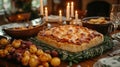 Braham Pie Day. Festive dining table with savory pie and candles for cozy Royalty Free Stock Photo
