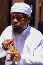 A brahmana in a trance state performs the ceremony. The religion of Hinduism on the island of Bali. Centuries-old Royalty Free Stock Photo