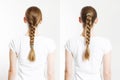 Braid hair different style. Back rear view woman braided hairstyles isolated on white background copy space. Health care Royalty Free Stock Photo