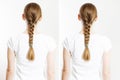 Before after Braid hair style. Back view woman braided hairstyles isolated on white background. Before-after Health care