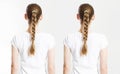 Before after Braid hair style. Back view woman braided hairstyles isolated on white background. Before-after Health care Royalty Free Stock Photo