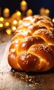 A braided bread with sesame seeds on a wooden table with candles, AI