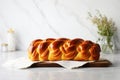 Braided bread sweet dessert with crispy crust in modern kitchen interior