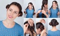 Braided bun hairdo for long hair tutorial Royalty Free Stock Photo