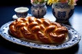 braided challah on blue-dotted white platter