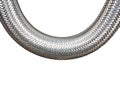 Braided metal cable on white background closeup