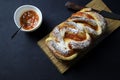 Braided or roll bread. Babka or brioche bread with apricot jam. Royalty Free Stock Photo