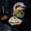 Braided or roll bread. Babka or brioche bread with apricot jam. Royalty Free Stock Photo