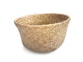 Braided storage basket isolated. Close up of Old plaited empty round wicker basket. Natural fiber basket on white background. Royalty Free Stock Photo