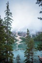 Braies lake and boats in mountain in Dolomites