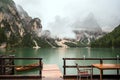 Braies lake and boats in mountain in Dolomites