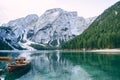 Braies Lake in Dolomites mountains, Sudtirol, Italy