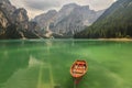 Braies Lake in Dolomiti mountains on a cloudy day,Trentino Alto