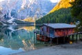 Braies lake and house in the background of Seekofel mountain P