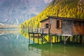 Braies lake hut Royalty Free Stock Photo