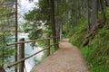 The Braies lake seen from the path that surrounds it. Dolomites, northern Italy, Europe