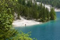 Braies lake seen from the path that surrounds Lake Braies. Dolomites, northern Italy, Europe