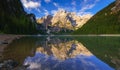 Braies Lake at sunrise, Dolomites mountains, Italy Royalty Free Stock Photo